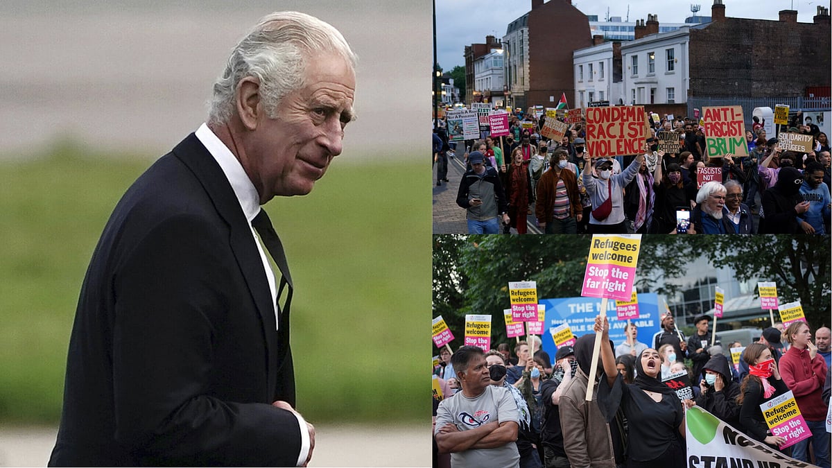 | Photo: AP : King Charles Hails Unity Against Racism; Over 700 Arrests Made Amid Far-Right Riots 